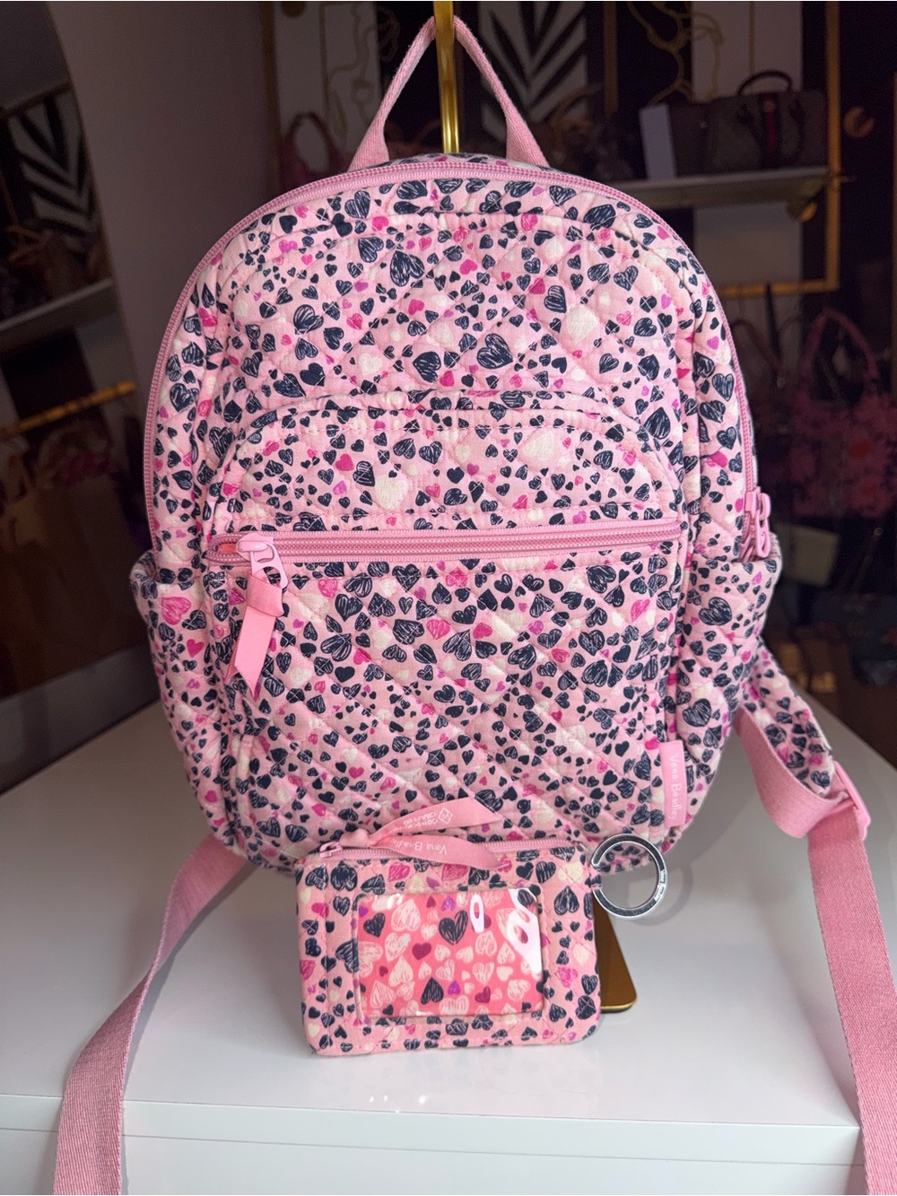 Vera Bradley Hearts Pink Backpack + Zip ID Case Set Retired 2017